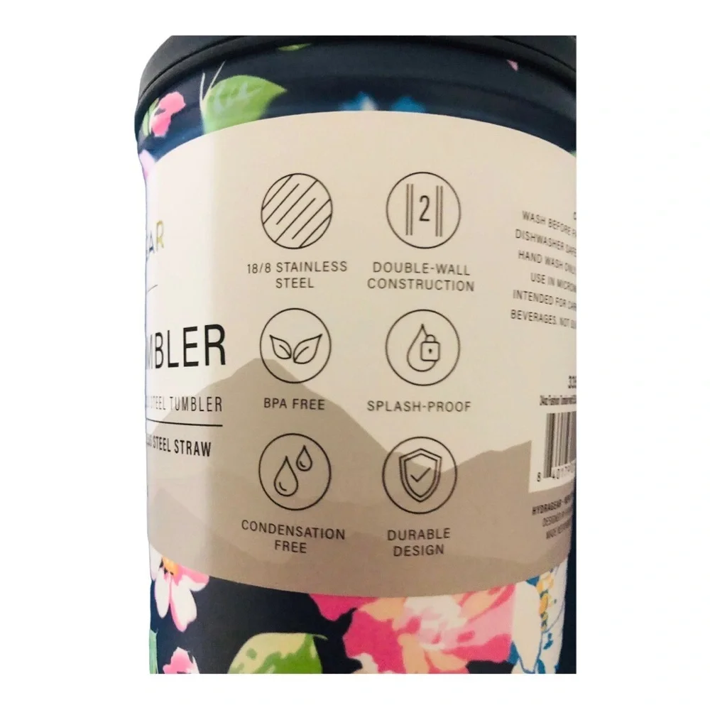 Hydrogear 24oz double wall insulated‎ stainless steel floral tumbler & straw new